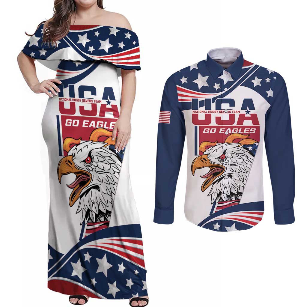 Custom USA Rugby Sevens Couples Matching Off Shoulder Maxi Dress and Long Sleeve Button Shirt Go Eagles Flag Style - Wonder Print Shop