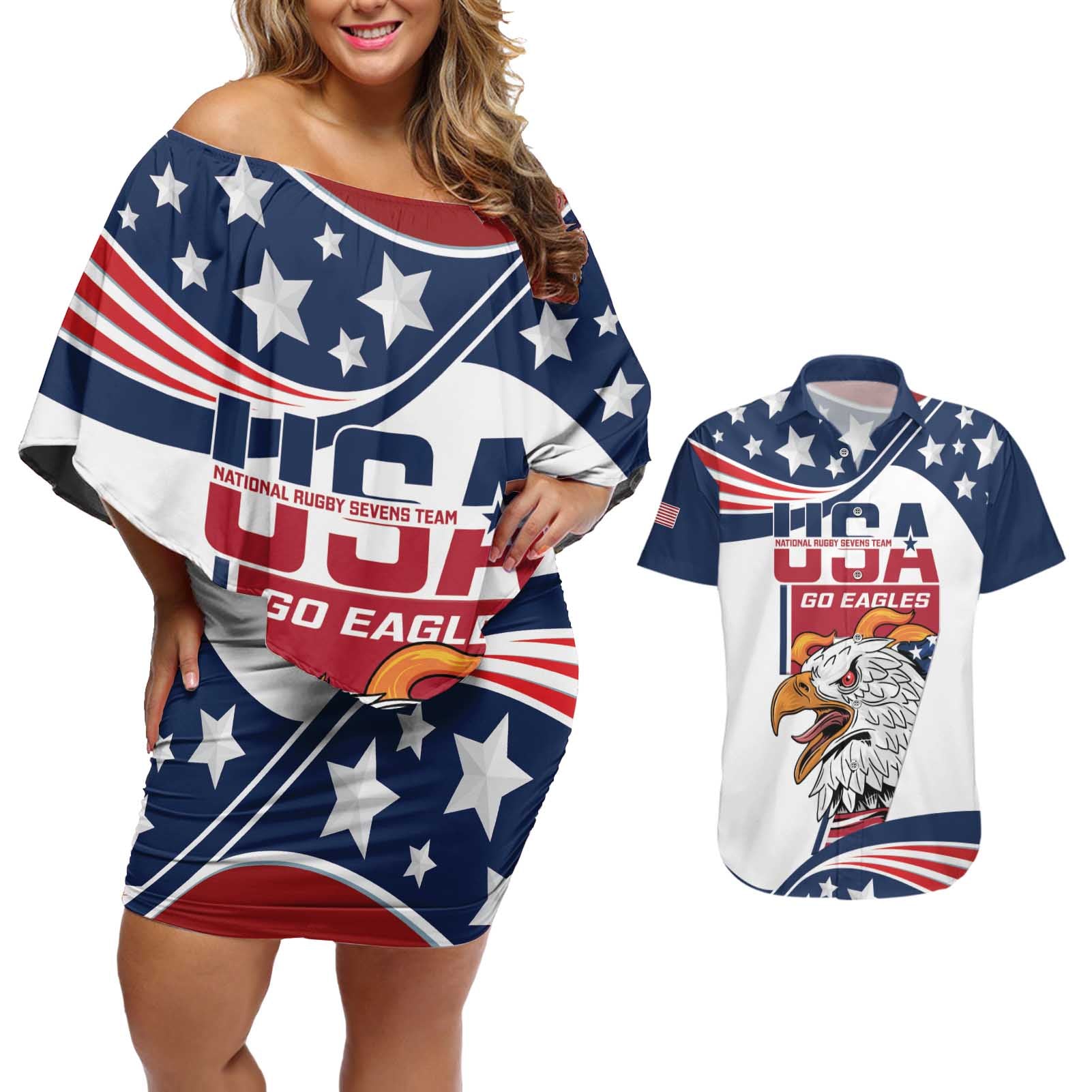 Custom USA Rugby Sevens Couples Matching Off Shoulder Short Dress and Hawaiian Shirt Go Eagles Flag Style - Wonder Print Shop