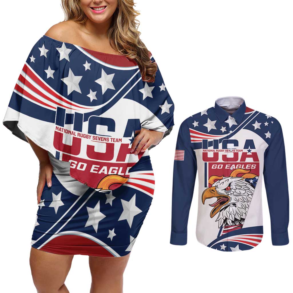 Custom USA Rugby Sevens Couples Matching Off Shoulder Short Dress and Long Sleeve Button Shirt Go Eagles Flag Style - Wonder Print Shop