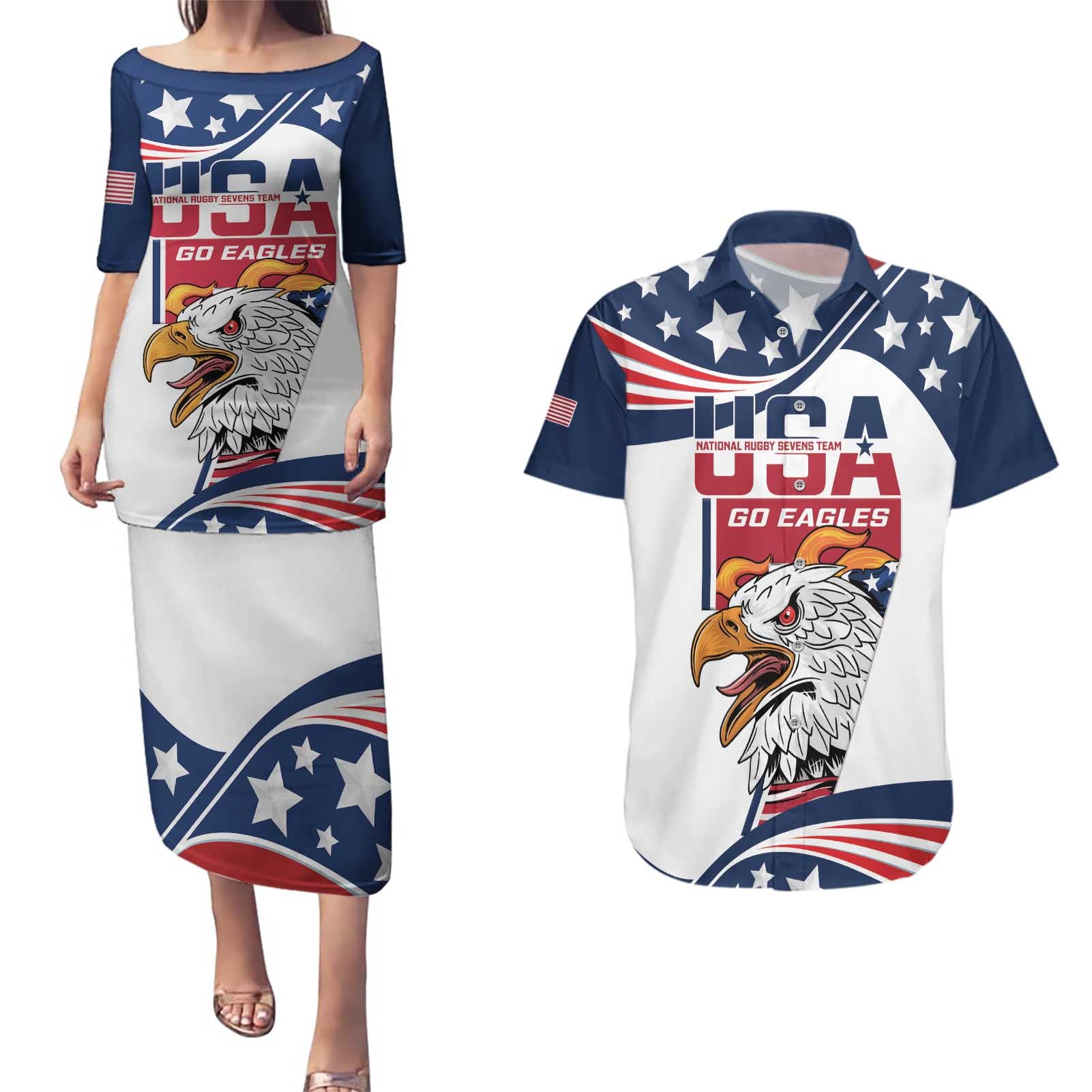 Custom USA Rugby Sevens Couples Matching Puletasi and Hawaiian Shirt Go Eagles Flag Style - Wonder Print Shop