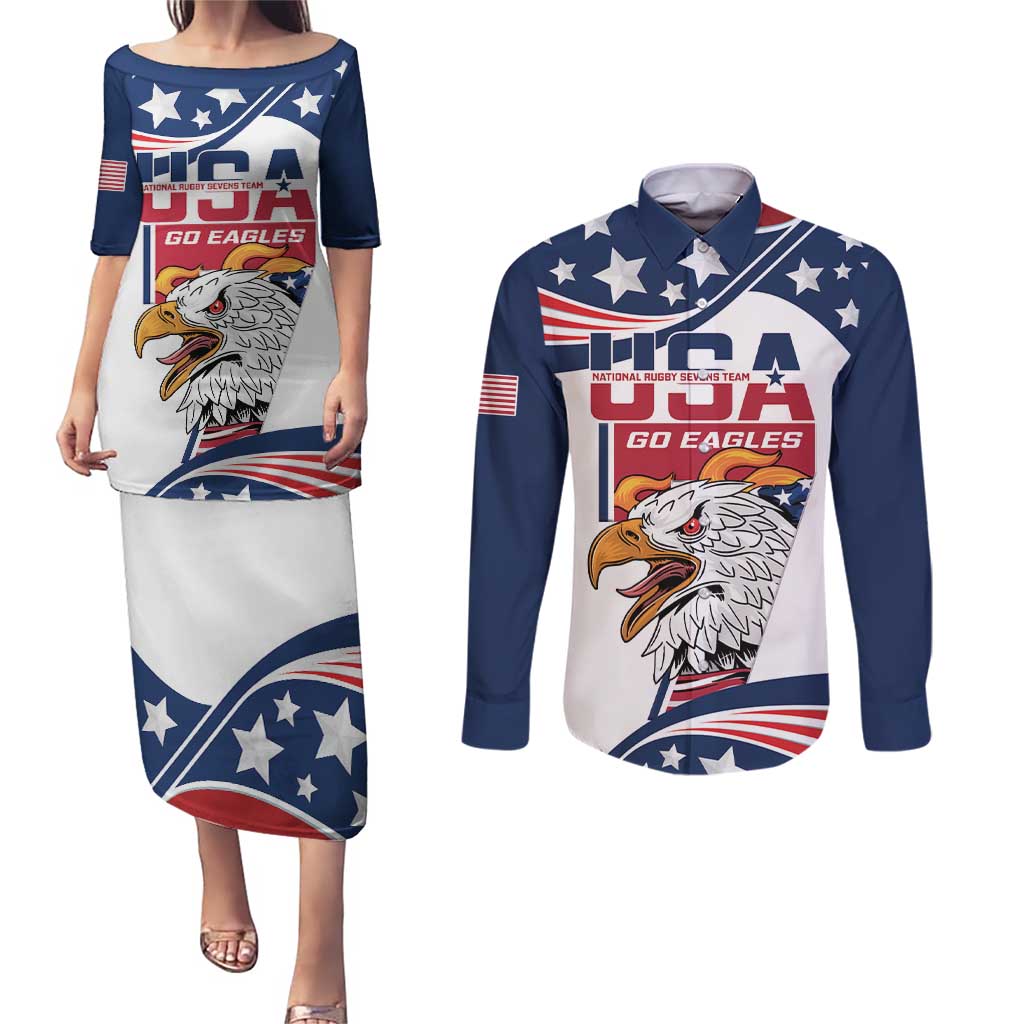 Custom USA Rugby Sevens Couples Matching Puletasi and Long Sleeve Button Shirt Go Eagles Flag Style - Wonder Print Shop