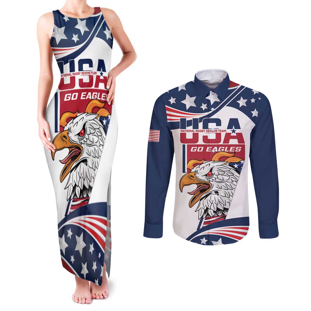 Custom USA Rugby Sevens Couples Matching Tank Maxi Dress and Long Sleeve Button Shirt Go Eagles Flag Style - Wonder Print Shop