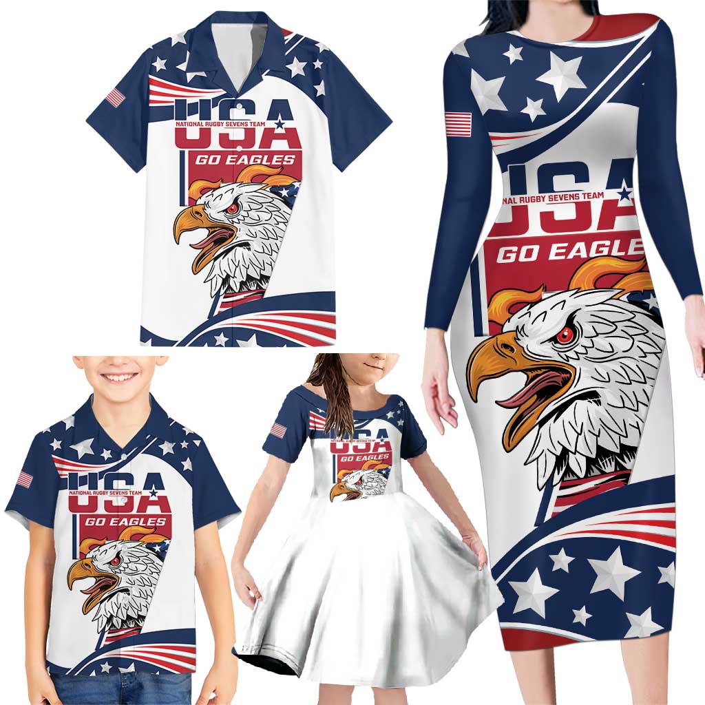 Custom USA Rugby Sevens Family Matching Long Sleeve Bodycon Dress and Hawaiian Shirt Go Eagles Flag Style - Wonder Print Shop