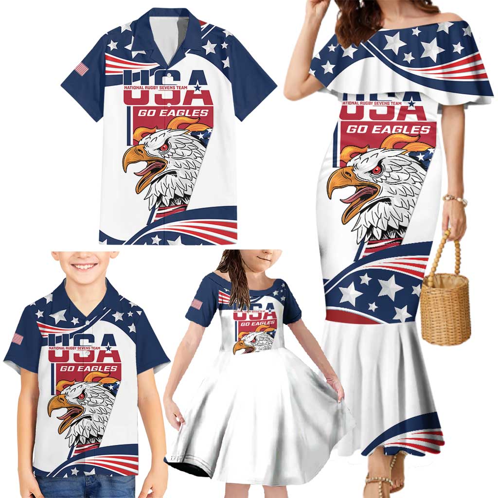 Custom USA Rugby Sevens Family Matching Mermaid Dress and Hawaiian Shirt Go Eagles Flag Style - Wonder Print Shop