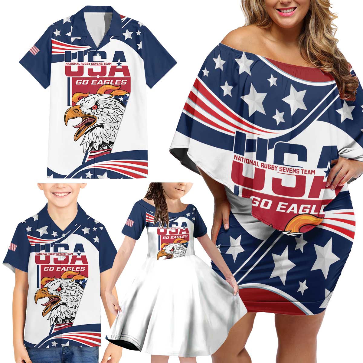 Custom USA Rugby Sevens Family Matching Off Shoulder Short Dress and Hawaiian Shirt Go Eagles Flag Style - Wonder Print Shop