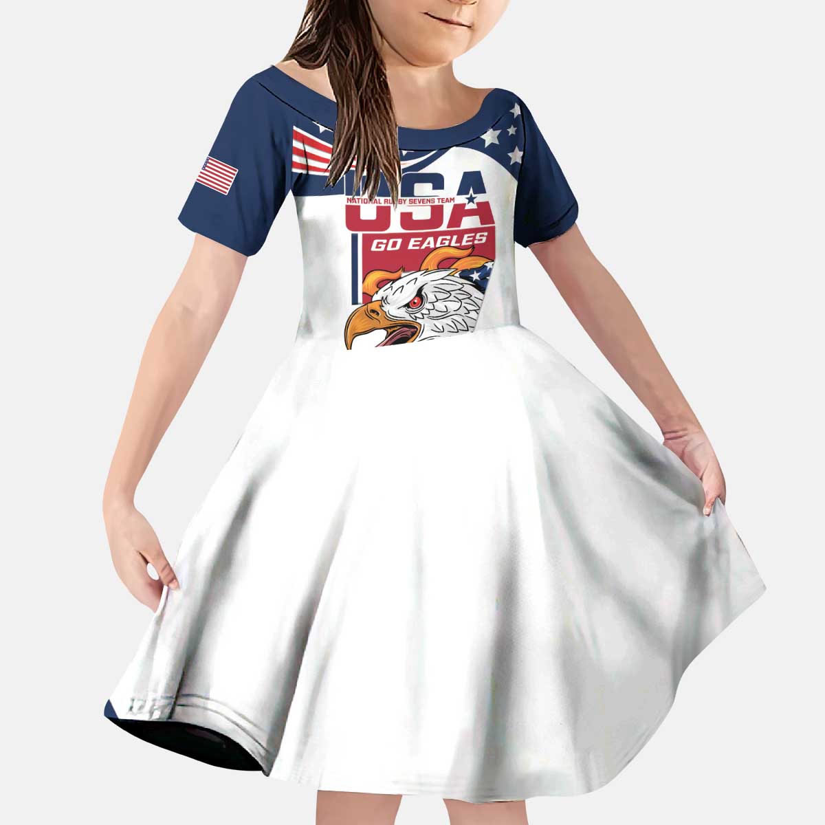 Custom USA Rugby Sevens Kid Short Sleeve Dress Go Eagles Flag Style - Wonder Print Shop