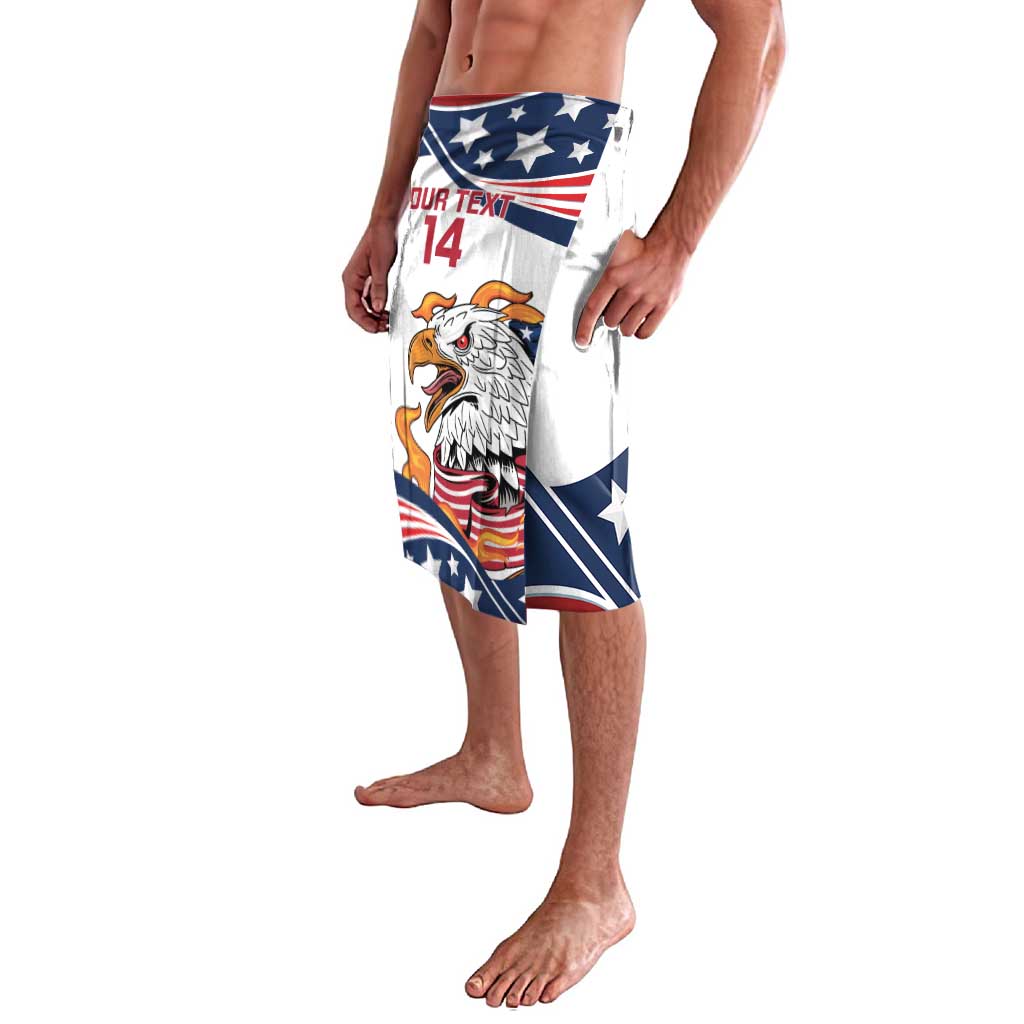 White rugby sevens shorts showing eagle graphic, blue stars band and YOUR TEXT 14