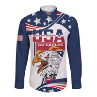 White/navy long-sleeve button rugby shirt with eagle, stars, USA flag graphic