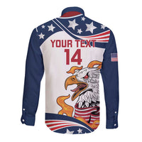 Back view: white/navy long-sleeve button rugby shirt with eagle, stars, USA flag, 14