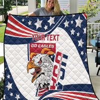 Custom quilt blanket with blue and white stars, red stripes, and an eagle mascot