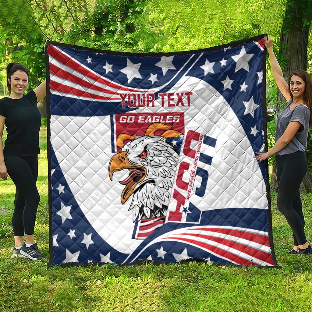 Large custom quilt blanket with patriotic stars and stripes, eagle graphic, and text