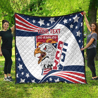 Large custom quilt blanket with patriotic stars and stripes, eagle graphic, and text