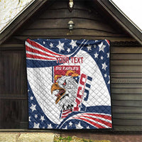 Custom quilt blanket with eagle mascot and “Your Text” over blue stars and red stripes
