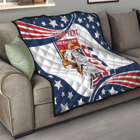 Custom quilt blanket draped on a sofa, showing eagle graphic and patriotic star stripes
