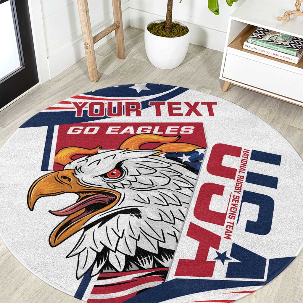 Round rug with close-up eagle head, red/blue flag design, and “YOUR TEXT” banner