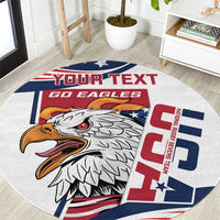 Round rug with close-up eagle head, red/blue flag design, and “YOUR TEXT” banner