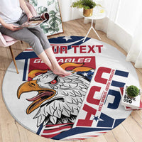 Round rug with eagle head, red/blue flag design, and “YOUR TEXT” banner