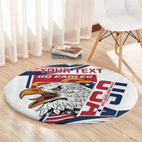 Round rug with eagle face, “YOUR TEXT” and “GO EAGLES,” plus large red/blue graphic