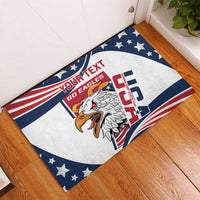 Corner view rubber doormat with “Your Text” banner, eagle, stars, and Go Eagles