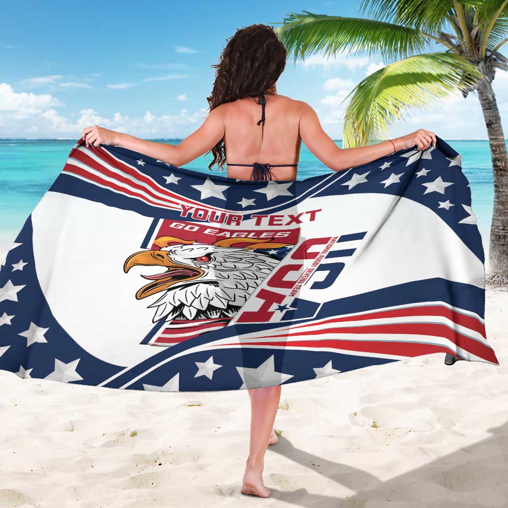 White and navy star-striped rugby sarong with eagle graphic, fully wrapped view.