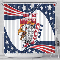 Patriotic shower curtain with eagle graphic, stars and stripes, 'YOUR TEXT' & 'GO EAGLES'.