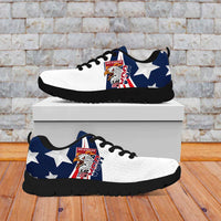 White and blue low-top sneakers with eagle emblem and star panel, black outsole on box