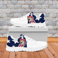 White and blue low-top sneakers with eagle emblem and star panel, white outsole on box