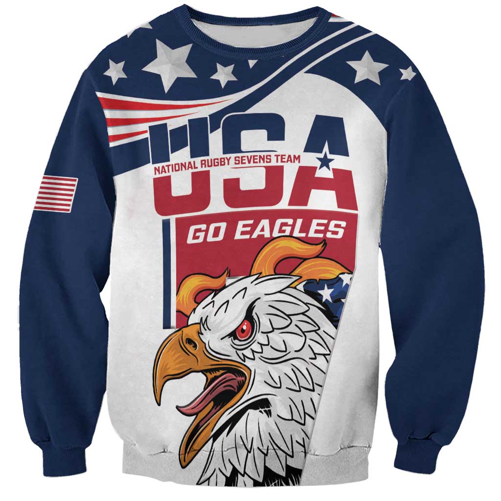 Rugby sevens sweatshirt, navy with white panel, eagle graphic and GO EAGLES text