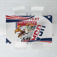 White tablecloth featuring “YOUR TEXT” header, eagle logo, blue stars, red stripes