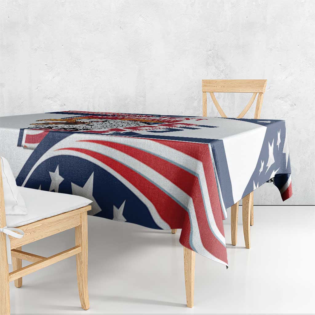 White tablecloth with large red-white stripes and blue star pattern on table