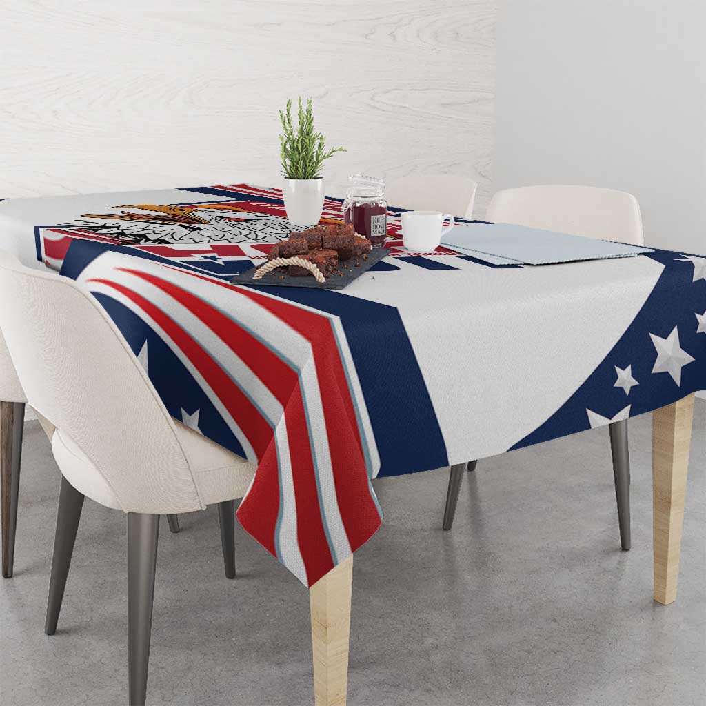 White tablecloth with blue stars and red-white striped eagle design