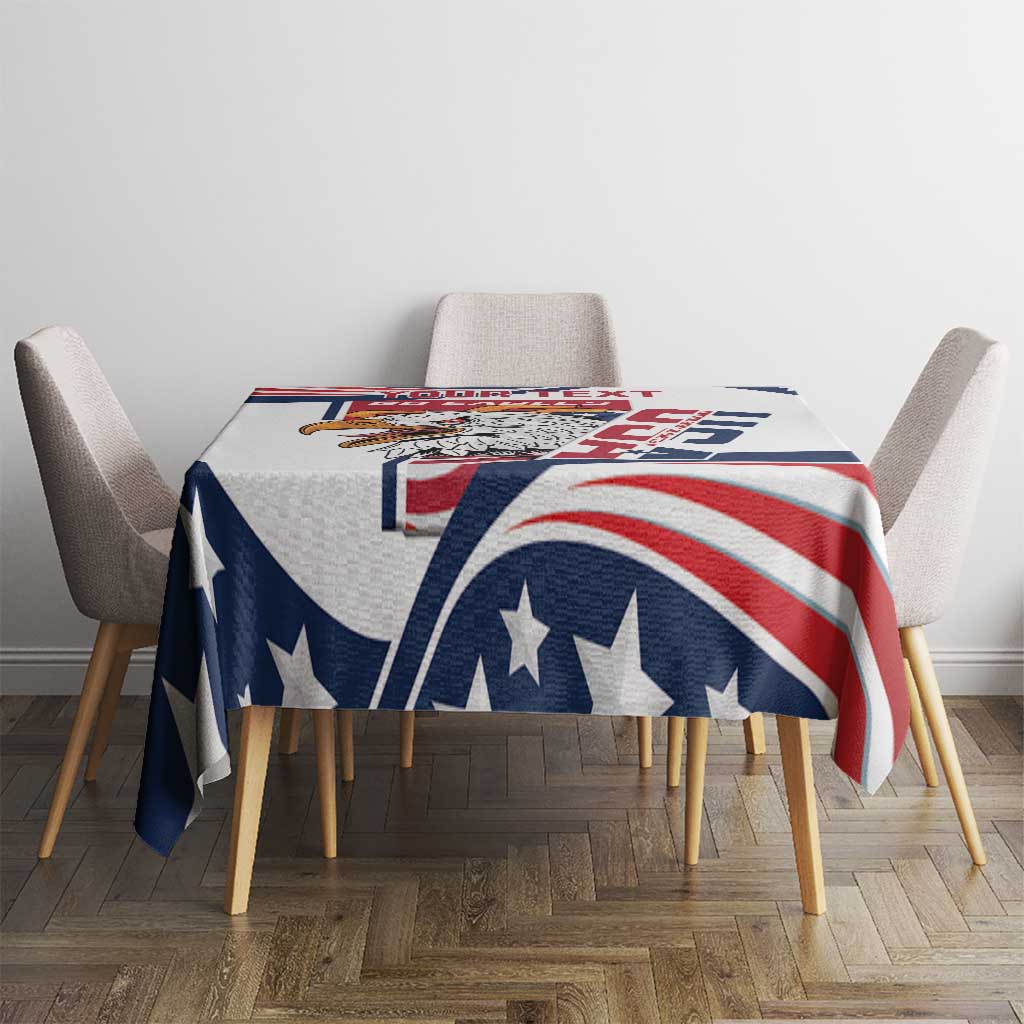 White tablecloth with blue stars and red-white striped eagle graphic, draped on table