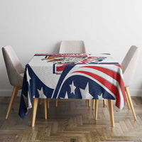 White tablecloth with blue stars and red-white striped eagle graphic, draped on table