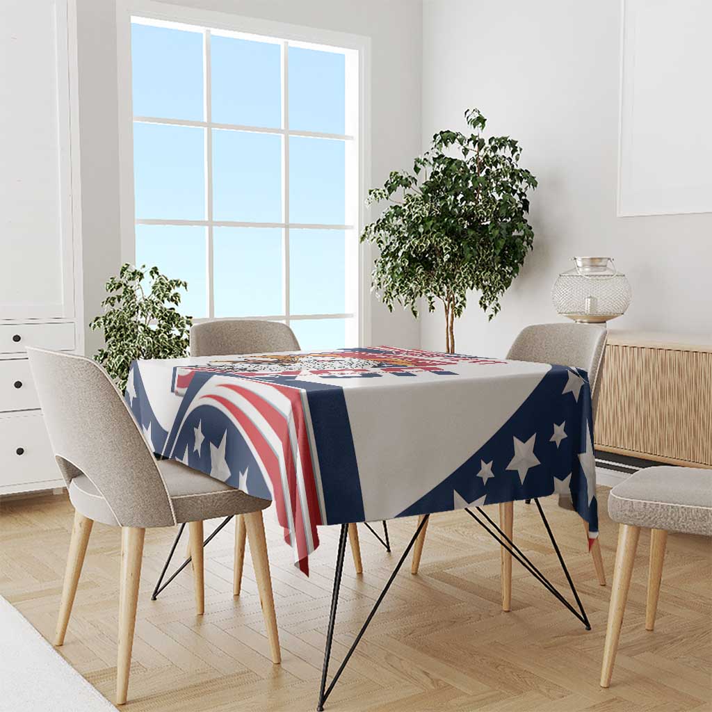 White tablecloth with blue stars and red-white eagle stripe graphic on dining table