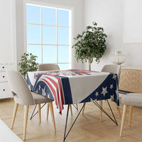 White tablecloth with blue stars and red-white eagle stripe graphic on dining table