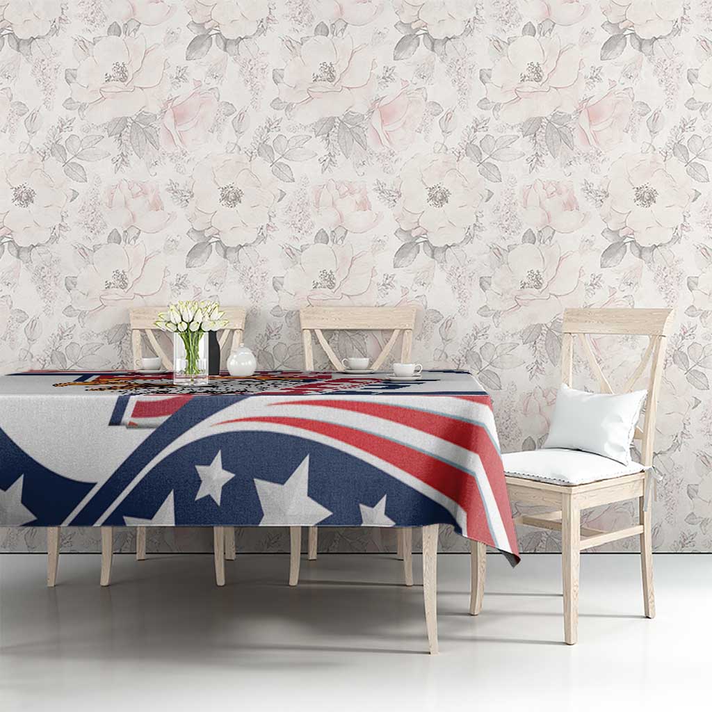 White tablecloth with blue stars and red-white eagle stripe print on rectangular table