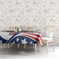 White tablecloth with blue stars and red-white eagle stripe print on rectangular table