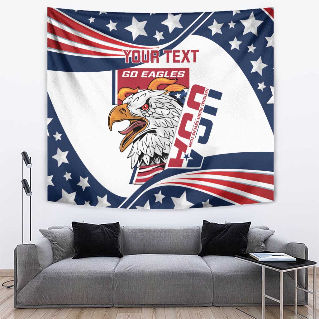 Eagle emblem USA flag tapestry with blue stars, red stripes, and custom headline text
