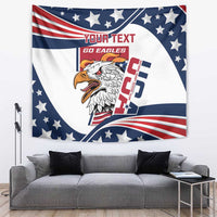 Eagle emblem USA flag tapestry with blue stars, red stripes, and custom headline text