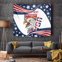 USA-style eagle tapestry flag with blue stars, red stripes, and custom text panel