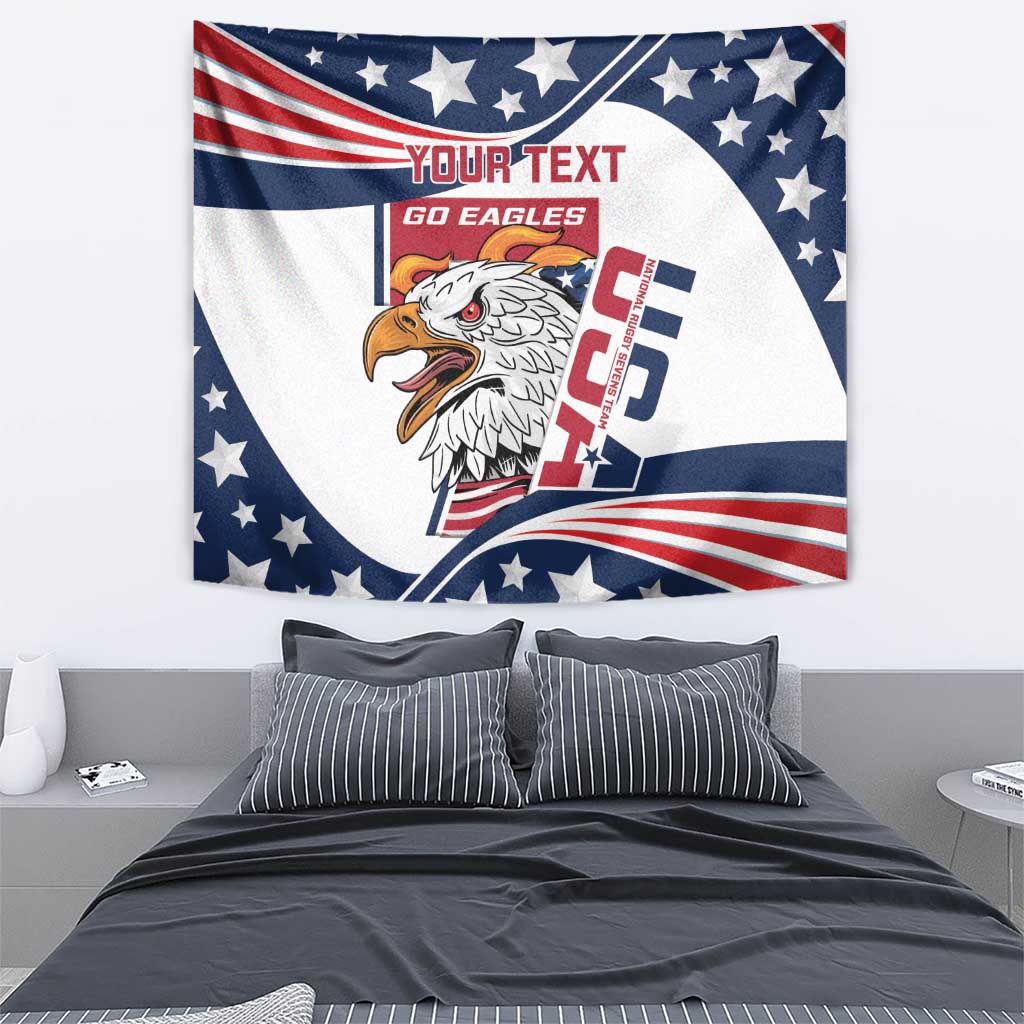 Custom eagle flag tapestry with star field, red-white stripes, and bold headline text