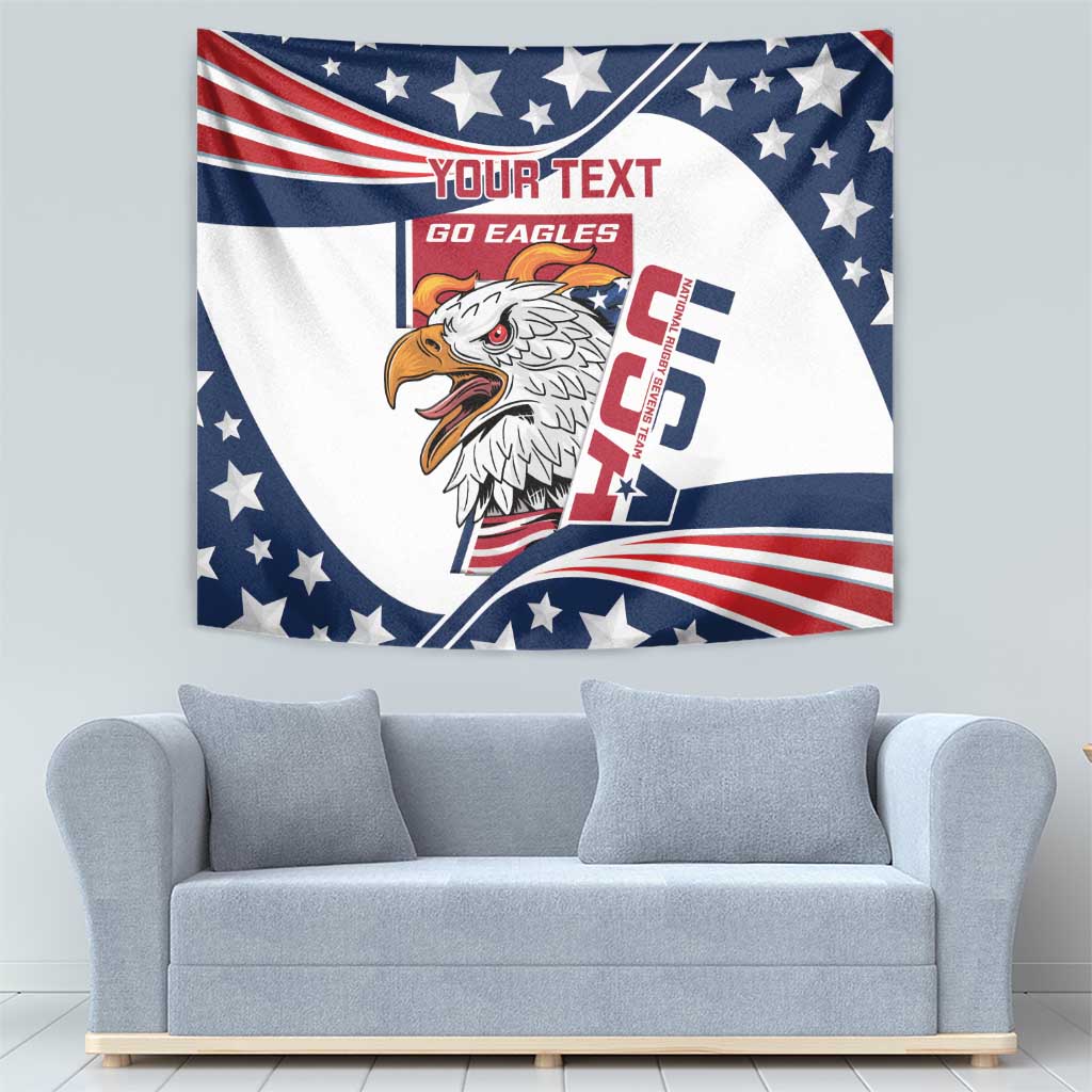 Decorative USA eagle tapestry flag with blue star background, red stripes, and custom lettering