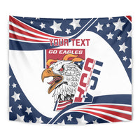 Close-up USA eagle tapestry flag with stars, red-white stripes, and custom text block