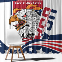 Close-up USA rugby sevens window curtain with eagle head artwork and bold stripe pattern