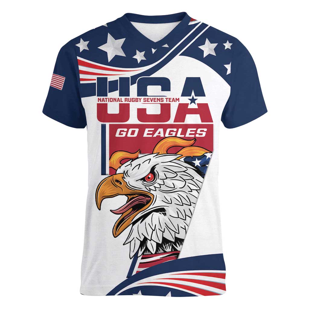 Custom USA Rugby Sevens Women V-Neck T-Shirt Go Eagles Flag Style