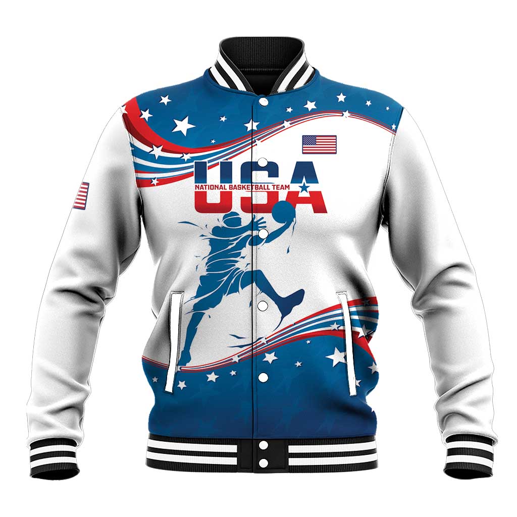 White zip-up baseball jacket with front basketball graphic, blue trim, striped rib cuffs