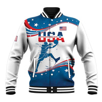 White zip-up baseball jacket with front basketball graphic, blue trim, striped rib cuffs