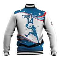 White baseball jacket with blue/red graphic on back and striped rib collar & cuffs