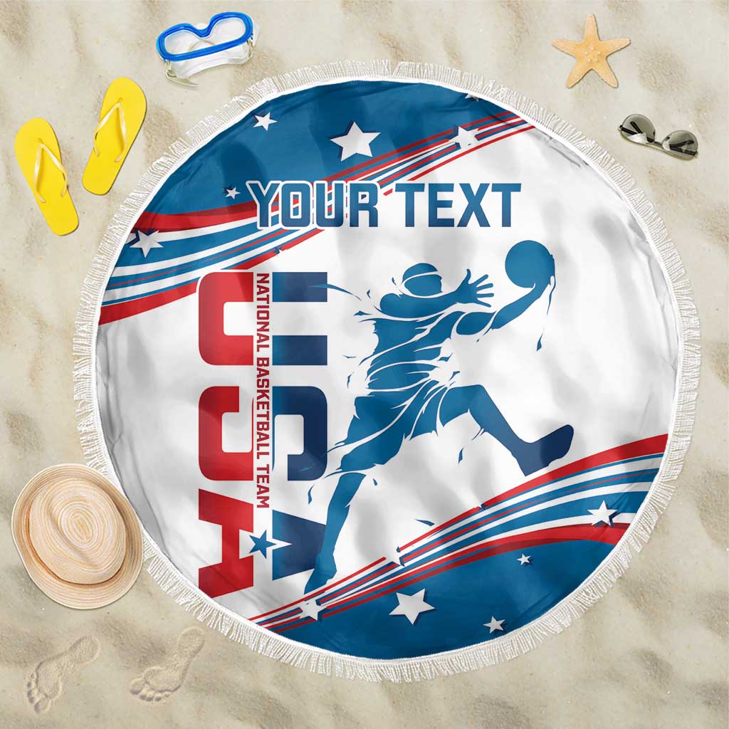 White round beach blanket with “Your Text” and blue basketball player graphic, fringe edge