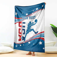 Basketball blanket hanging on floor, white and blue with red stripes, stars, and custom text